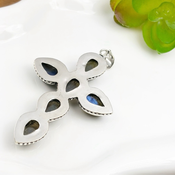 XL Flash Labradorite Cross Pendant Necklace Southwest Boho 925 Sterling Overlay - Picture 4 of 5